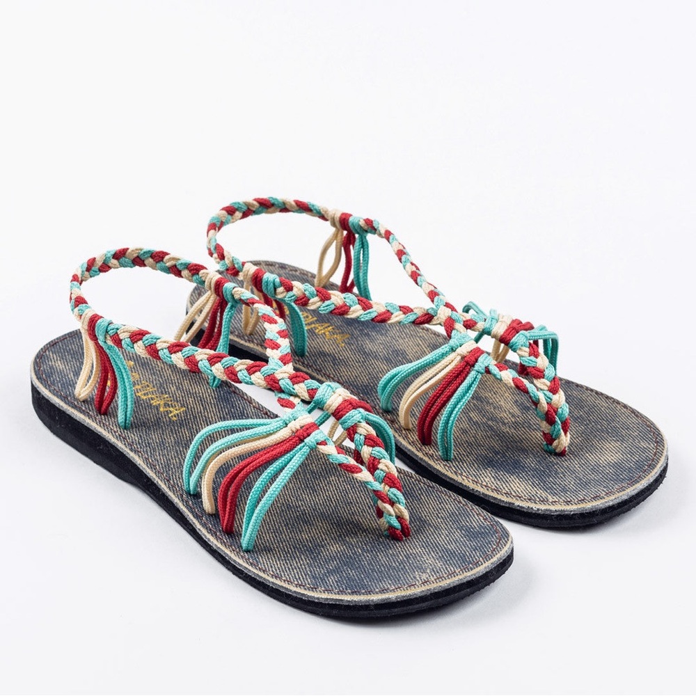 Plaka Seashell Summer Sandals for Women Turquoise-Red-Off white size 9
